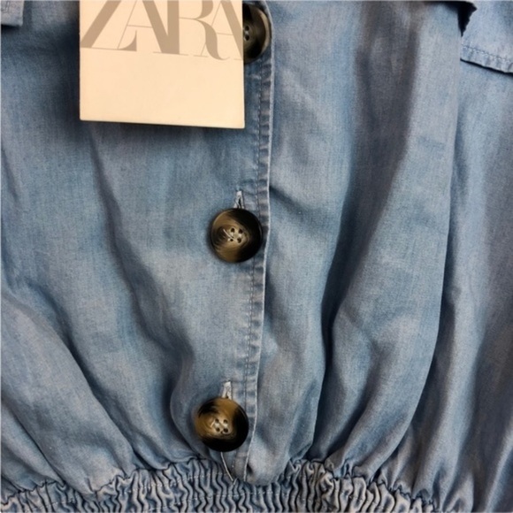 Zara Chambray Blue Buton Down Crop Top New - Picture 3 of 6